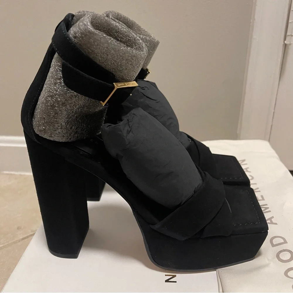 Good American Square Toe Chunky Heel Strappy Platform in Black Suede